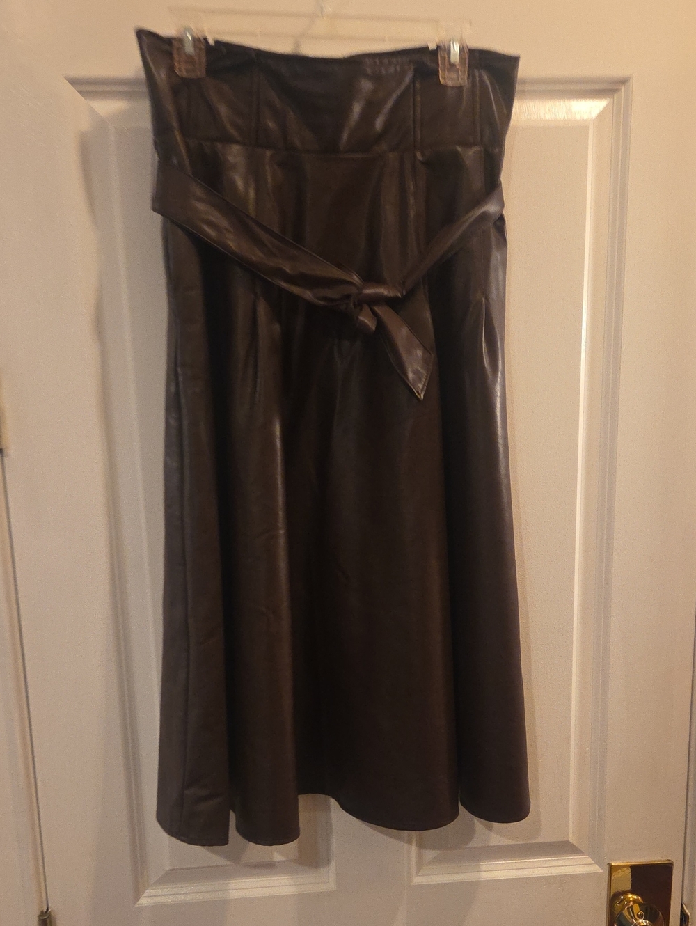 New York & Company Black Faux-Leather A-Line Midi Skirt with Waist Tie